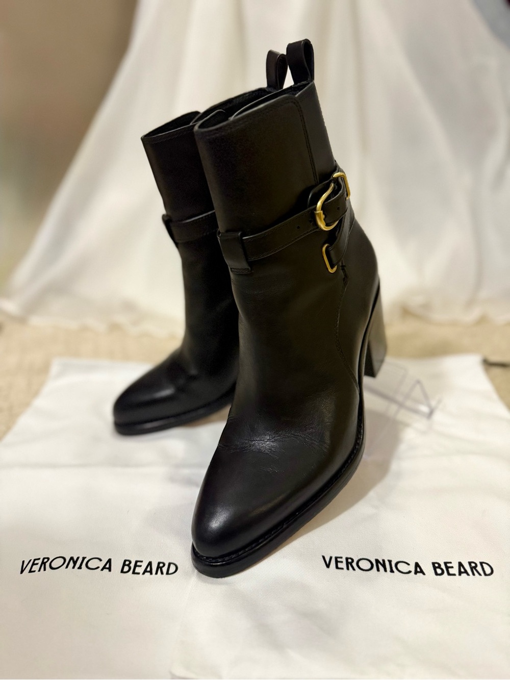 Veronica Beard Black Leather Sohelia Buckle Booties